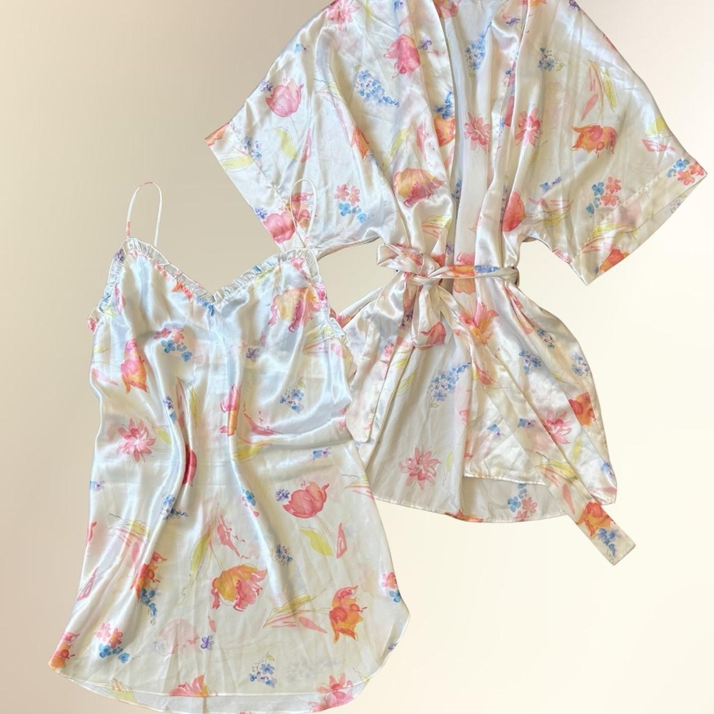 Morgan Taylor Floral Satin Chemise and Robe Set